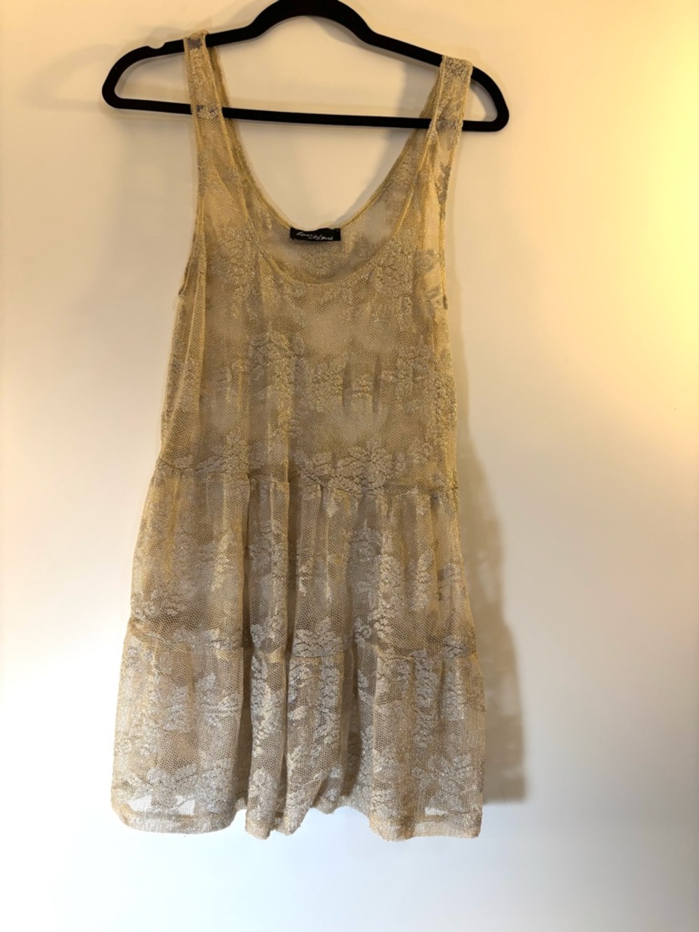 Love 2 Be Loved Gold Lace Tunic Top Sleeveless Sheer Tiered Boho Blouse